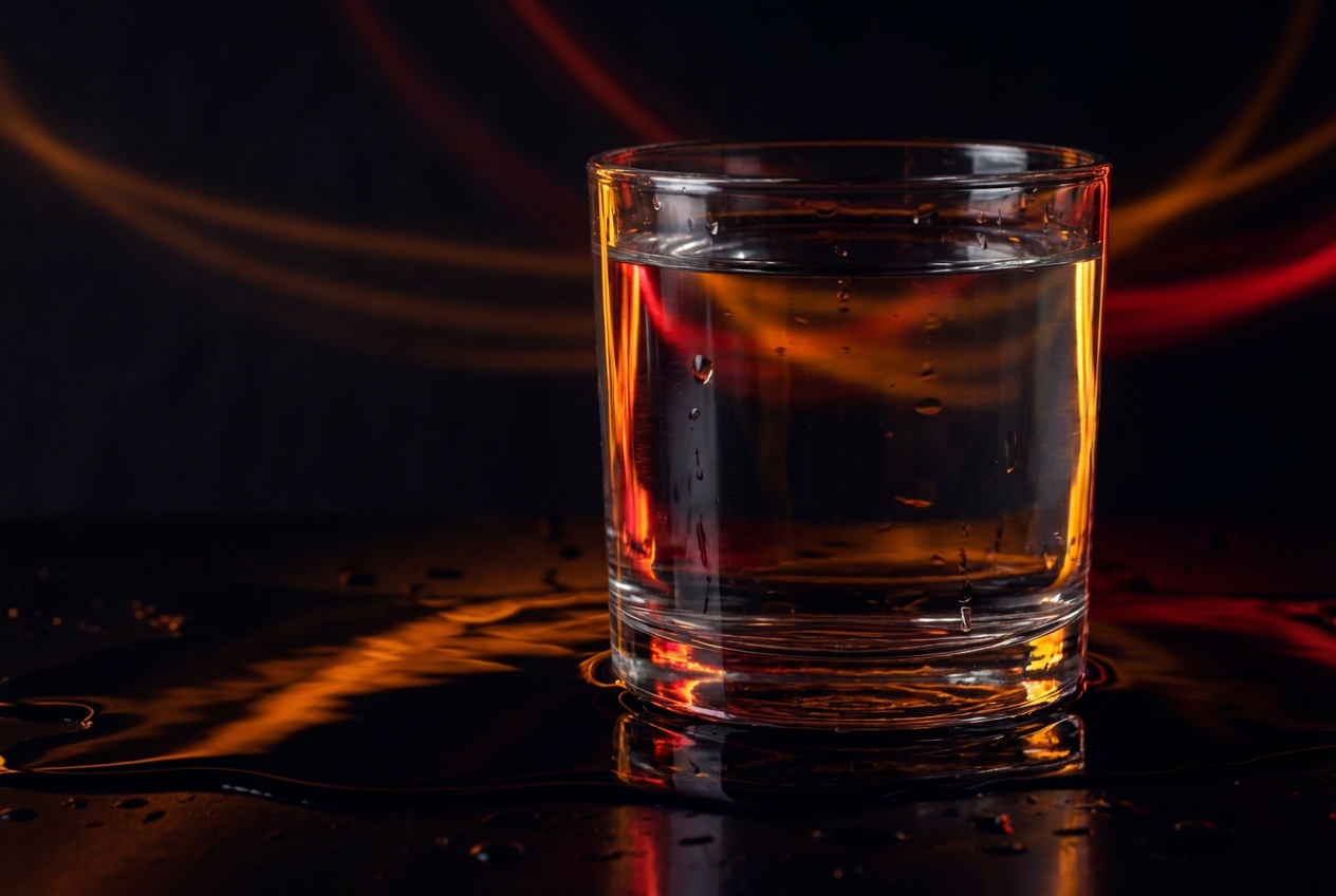 Relieving Constant Bloat: How Glucose Regulation and Stable Energy Support Your Gut Abstract macro shot of a glass of water reflecting dark red and amber lights