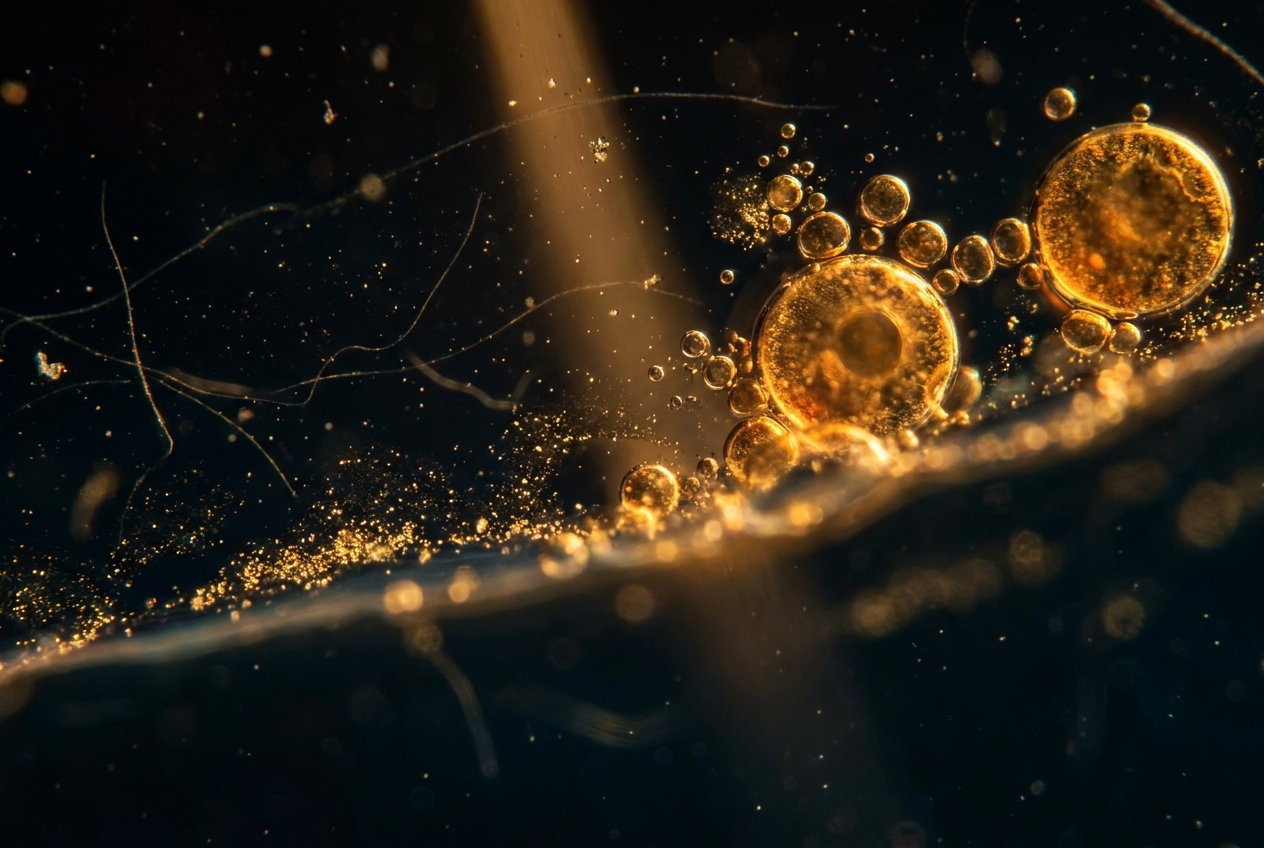 An abstract glowing microscopic view of a cell membrane fragmenting in dark space.