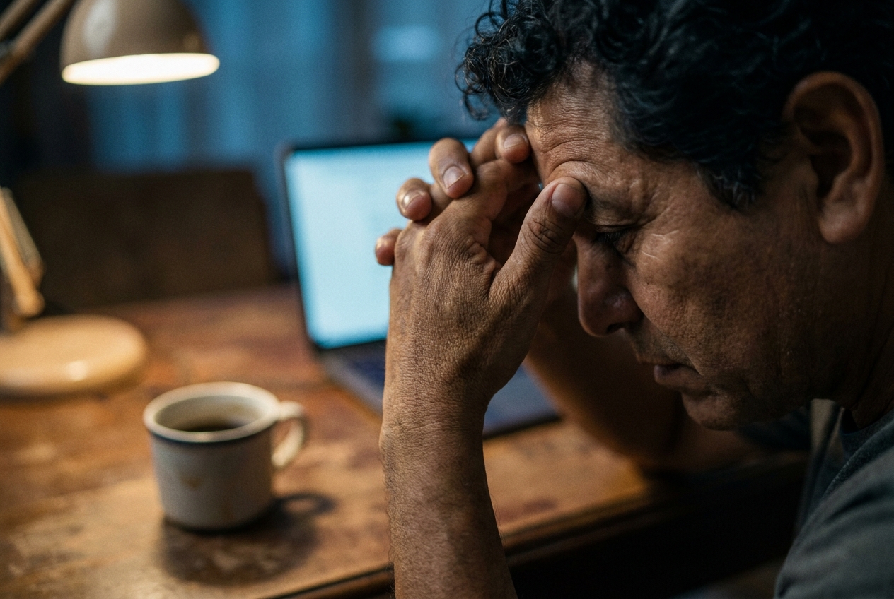 Why Blood Sugar Baseline Recovery Matters More Than Peak Spike Size Close-up of a man resting his head heavily in his hands at a dark desk, conveying extreme tiredness.
