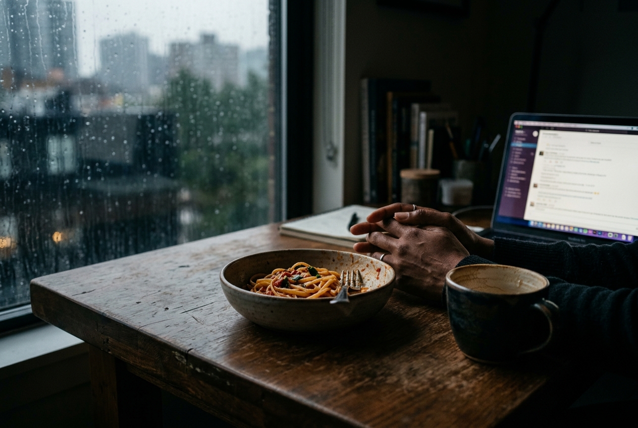 Level Off vs. Glucose Goddess Anti-Spike: Which Supplement Stops Cravings? A pair of hands resting heavily on a desk next to an empty coffee mug and bowl of pasta.
