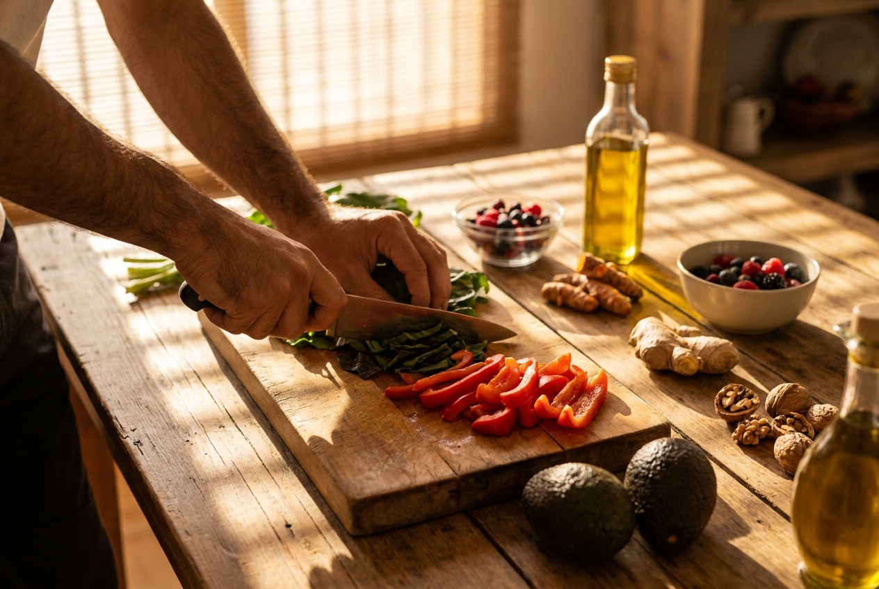 Close up of hands slicing fresh vegetables on a rustic wooden cutting board.