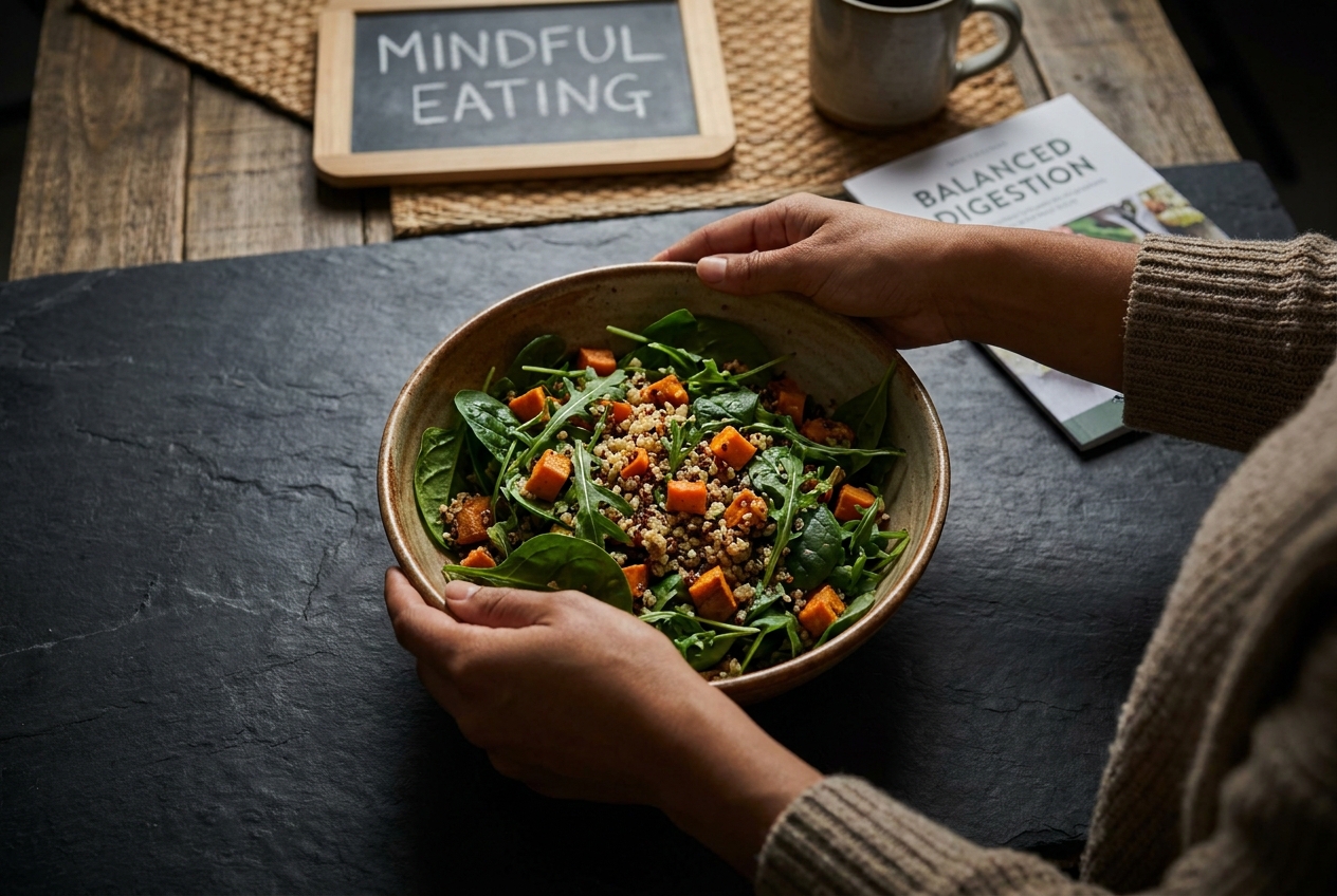 Hands of a woman tossing a salad with quinoa and sweet potatoes in a ceramic bowl.
