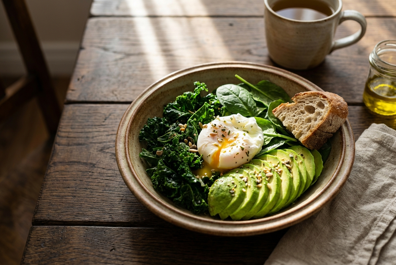 Relieving Constant Bloat: How Glucose Regulation and Stable Energy Support Your Gut Ceramic bowl of greens, avocado, and egg next to a piece of sourdough bread