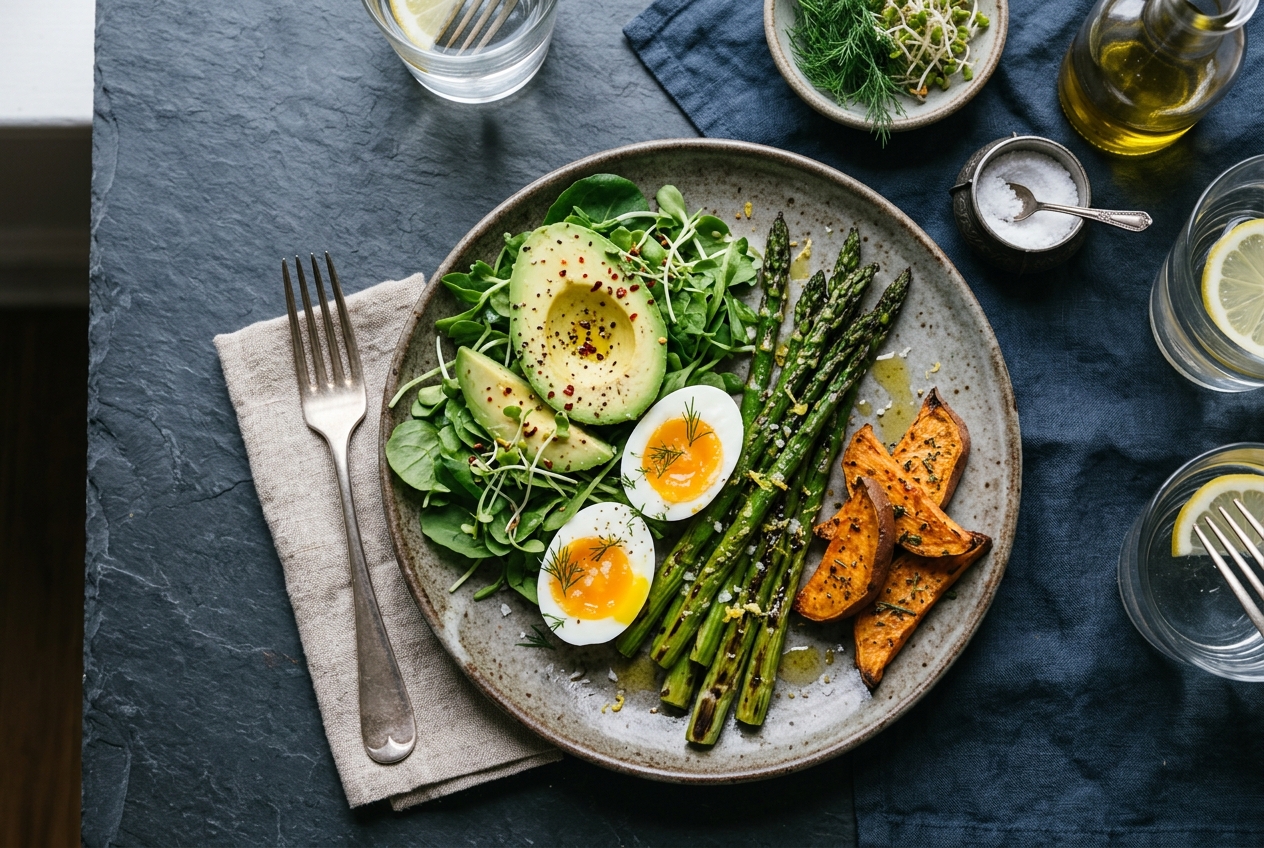 A healthy meal plate with avocado, asparagus, egg, and roasted sweet potatoes.