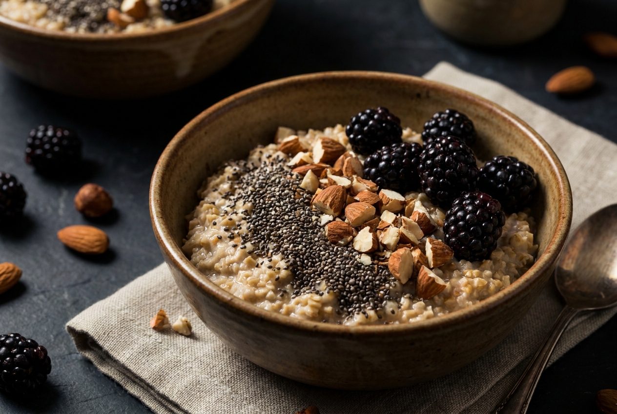 A bowl of steel-cut oats topped with chia seeds, almonds, and dark blackberries.
