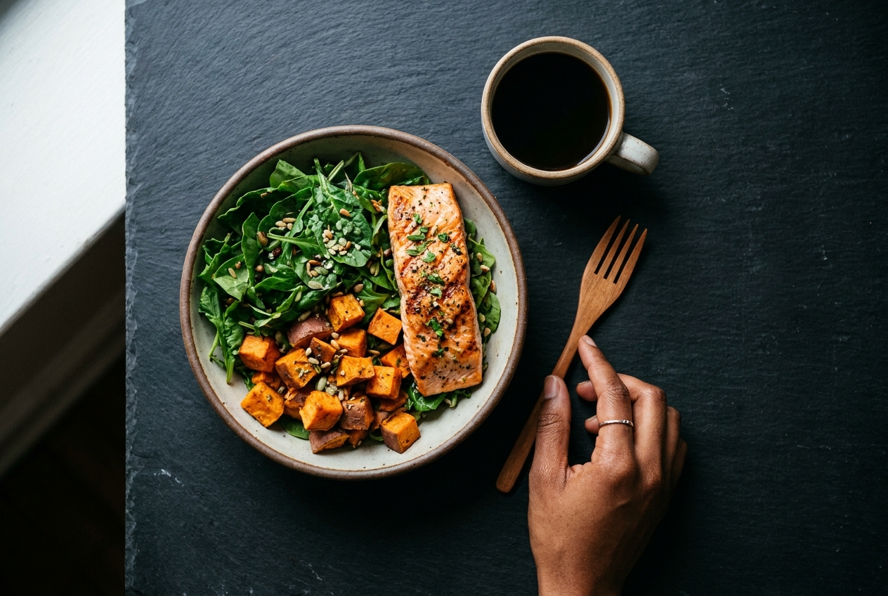 Overhead view of a balanced bowl of greens, sweet potatoes, and salmon on a slate counter.