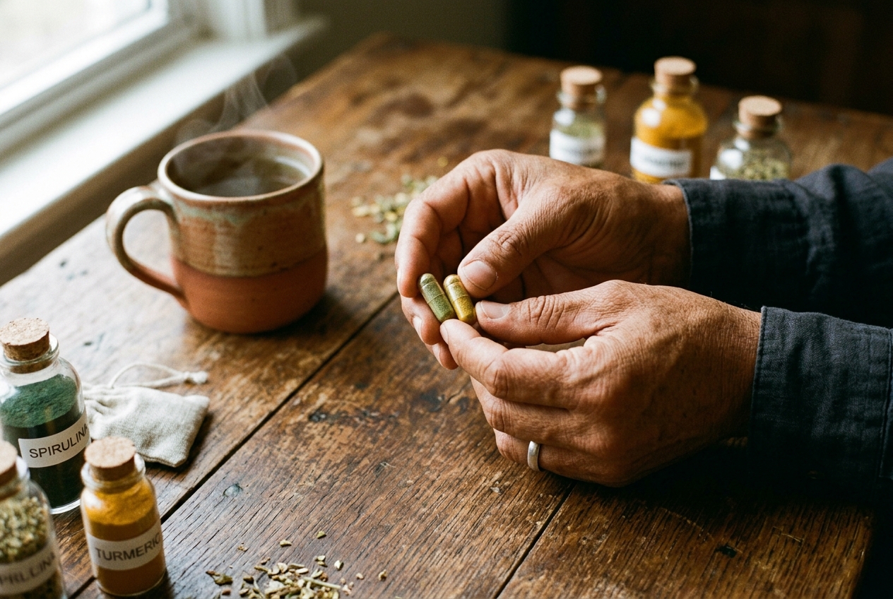 Hands holding two natural botanical supplement capsules over a wooden table.