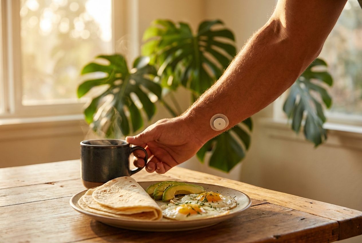 A breakfast plate with eggs and tortillas next to a wrist wearing a continuous glucose monitor patch.