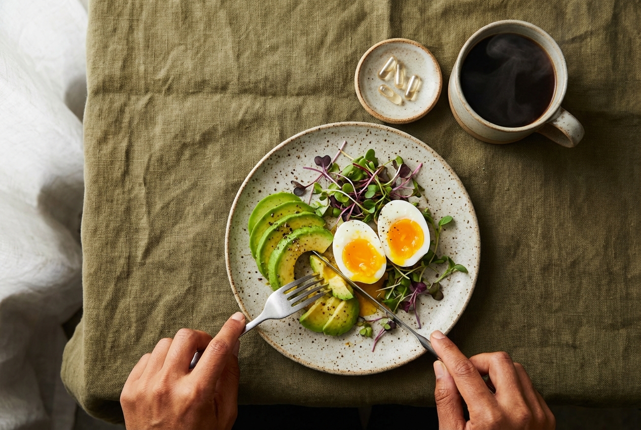 Warm olive-toned hands eating a healthy breakfast next to a small dish of clear supplement capsules.