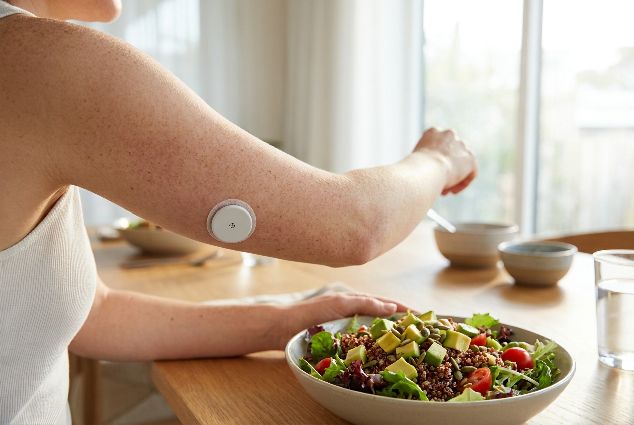 Close-up of a realistic continuous glucose monitor on the back of a woman's arm