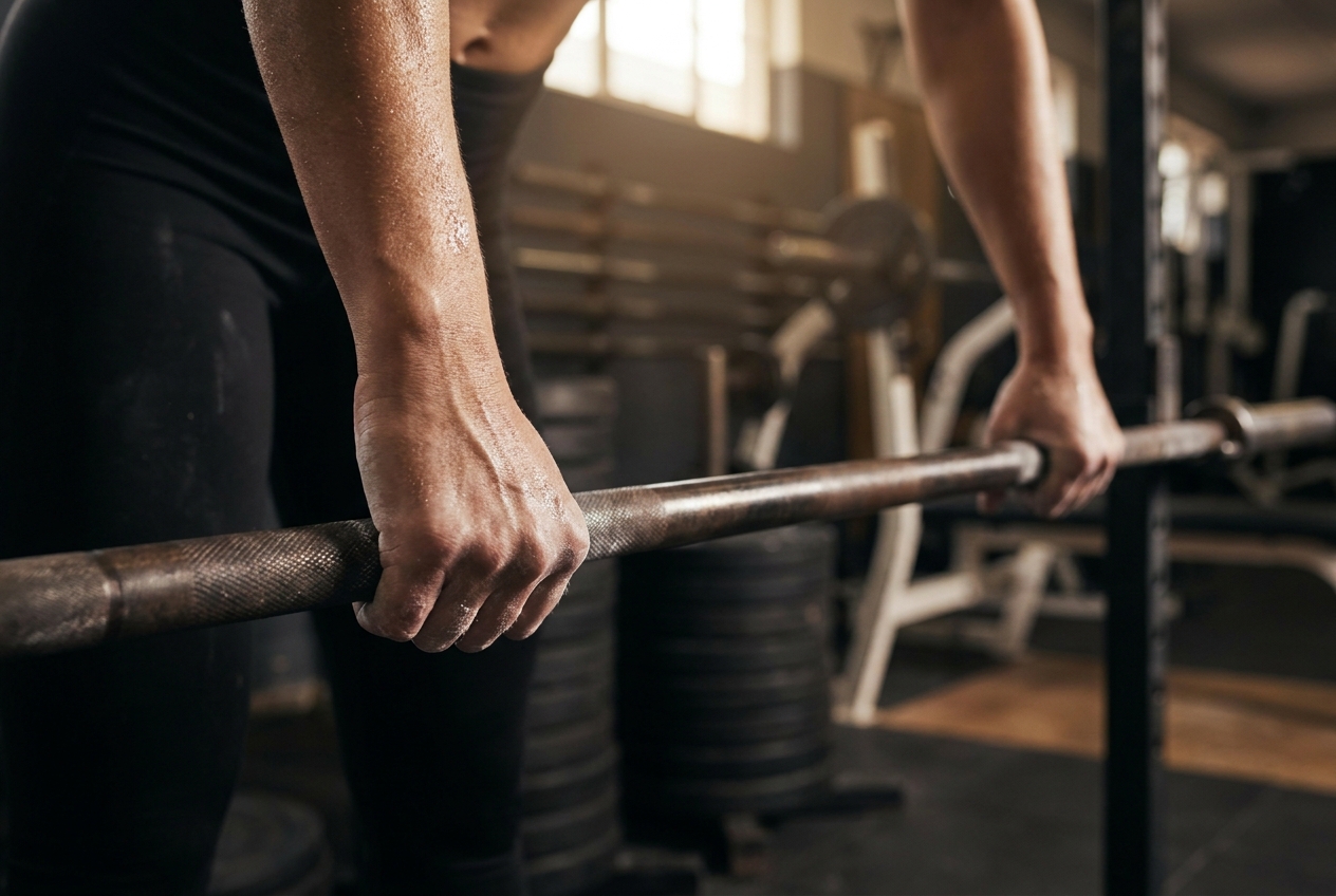 Chalk-covered hands tightly gripping a textured steel barbell in a gym setting.