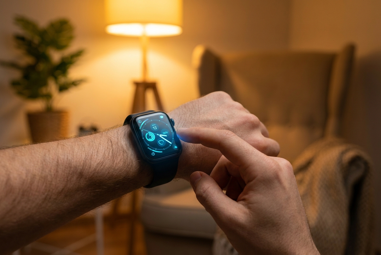 Close-up of a person's hands checking health metrics on a smartwatch.