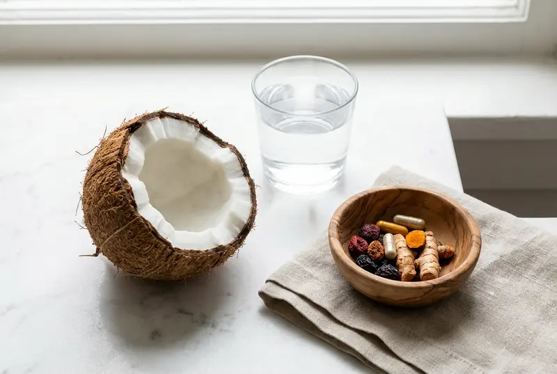 A cracked coconut and a glass of water on a marble counter, representing natural wellness.