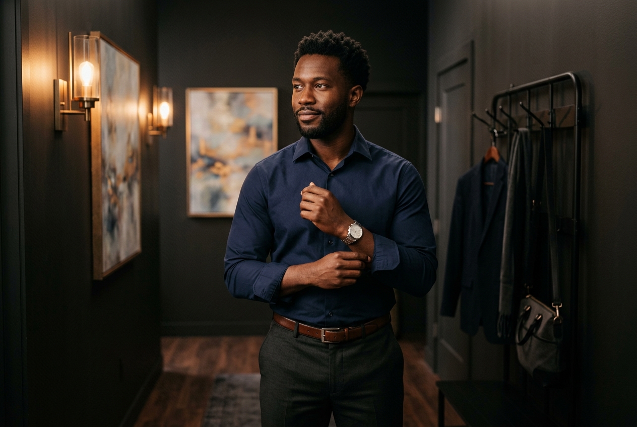 An African American man adjusting the cuff of his blue dress shirt in a dimly lit, modern hallway.