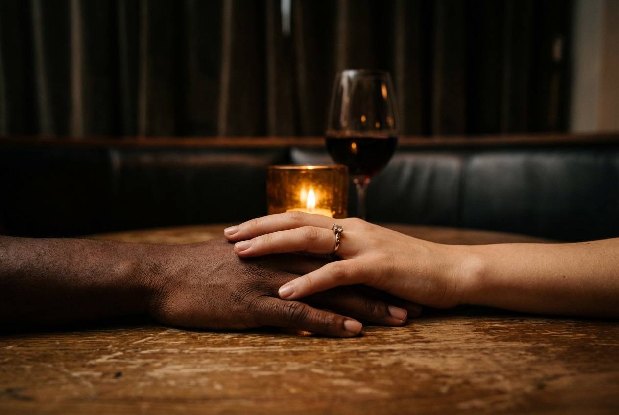 Close up of a diverse couple holding hands at a romantic dinner table.