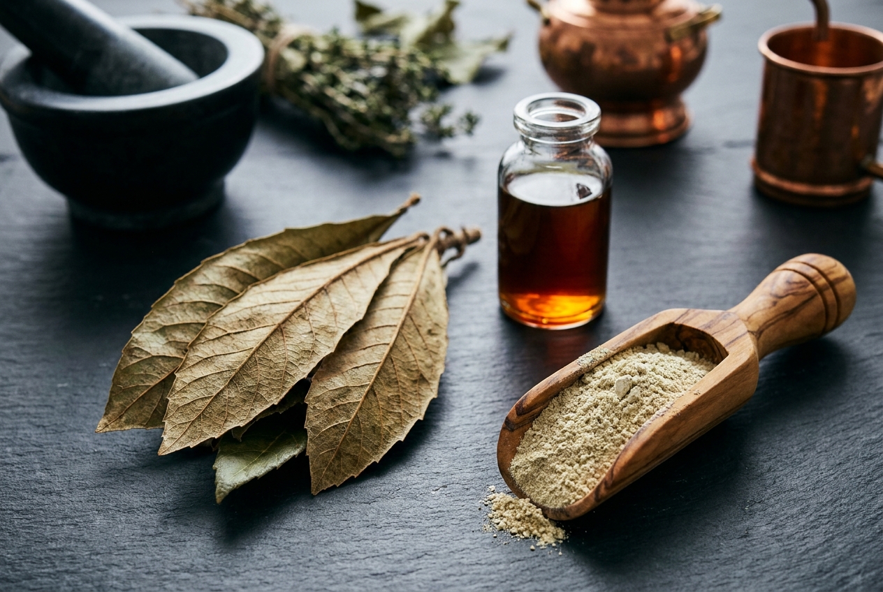 Dried loquat leaves, a wooden scoop of herbal powder, and a glass vial of amber liquid on a dark slate surface.