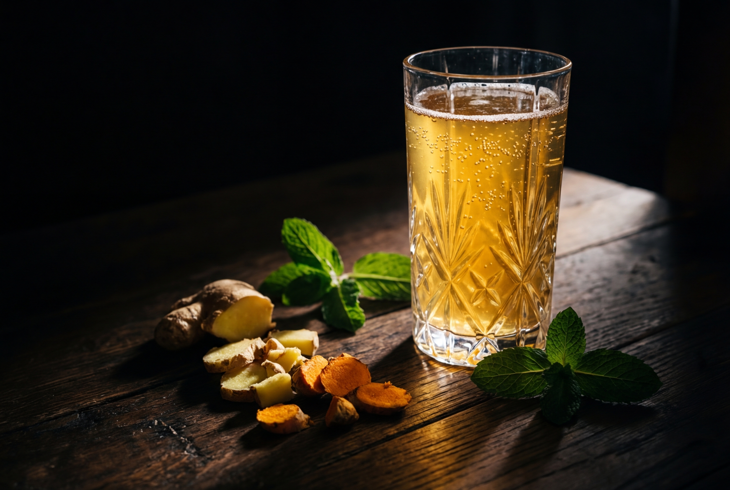 A glass of golden effervescent liquid sitting next to fresh ginger and mint leaves on a dark wooden table.