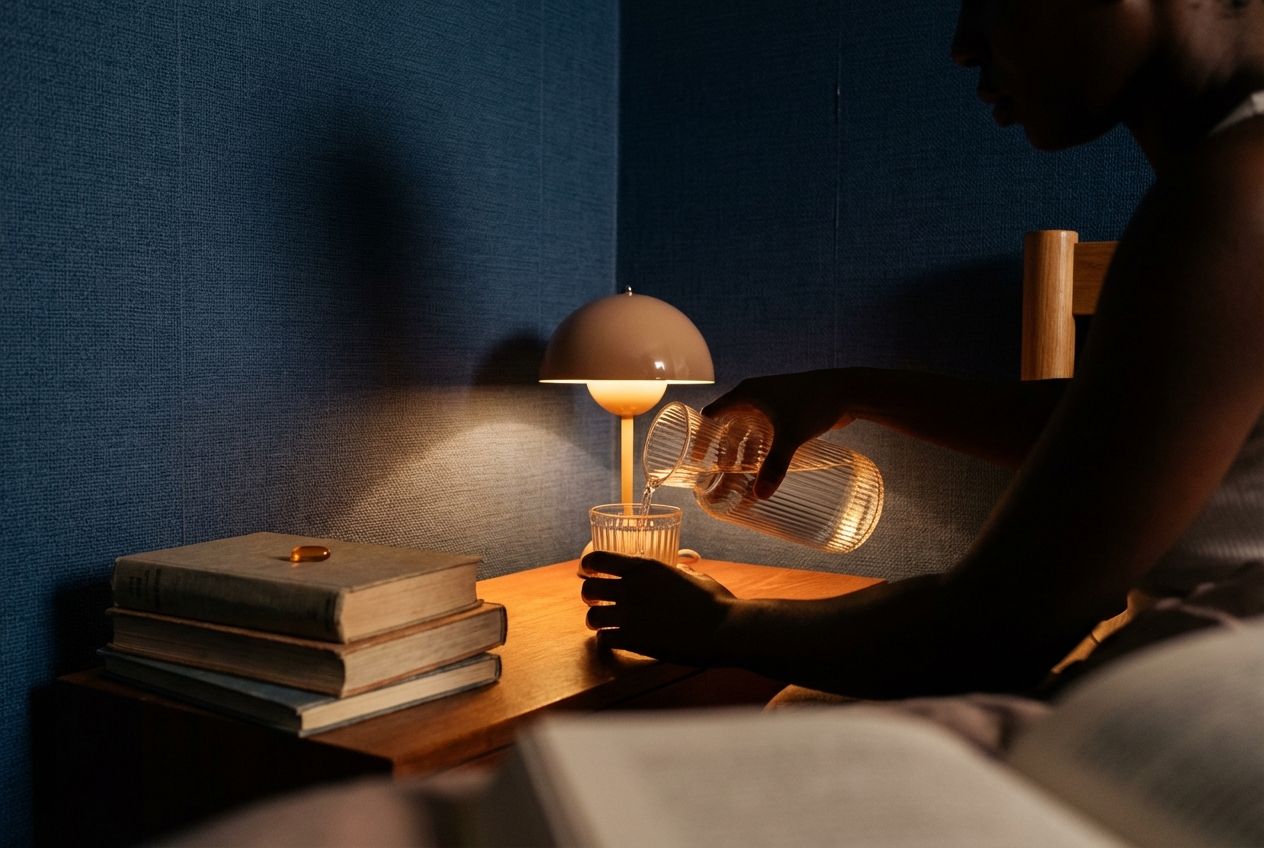 Silhouette of a person pouring a glass of water next to a single capsule on a bedside table at night.