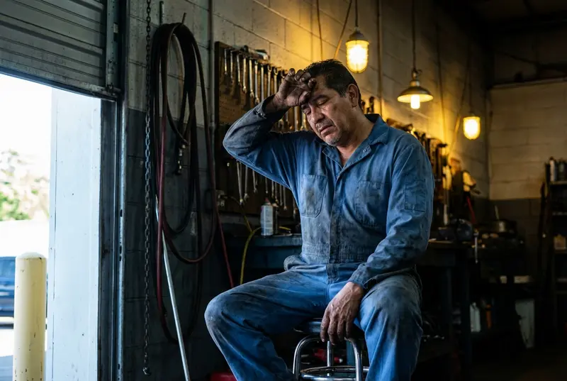 An exhausted Hispanic mechanic sitting in an auto shop, wiping sweat from his brow.