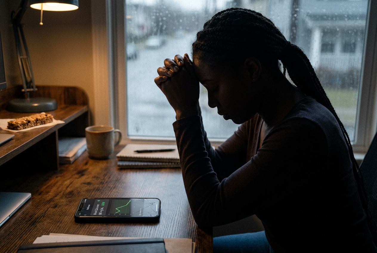Silhouette of a person resting their head in their hands at a desk