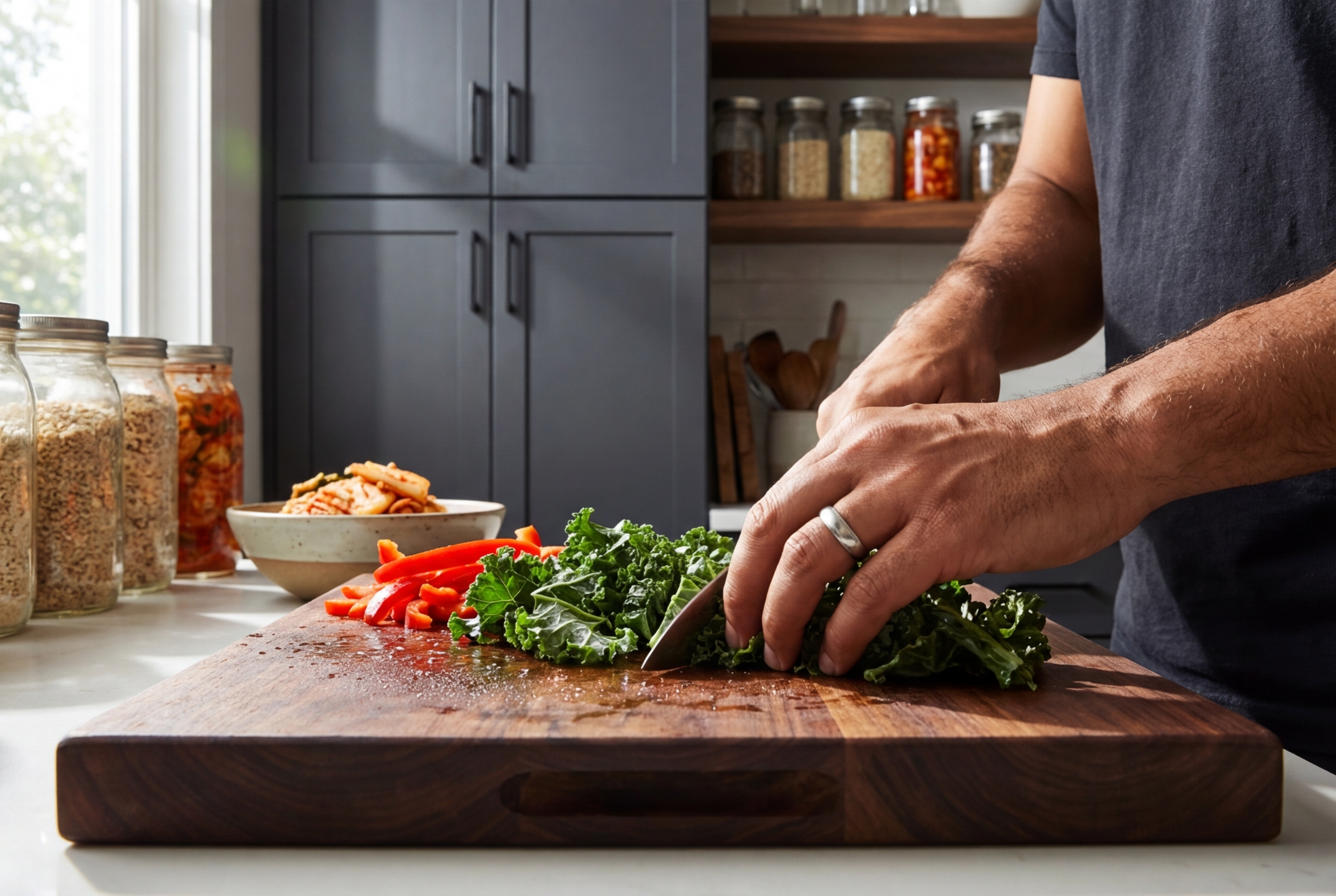 Close-up of hands slicing fresh leafy greens and bright red bell peppers on a wooden cutting board.
