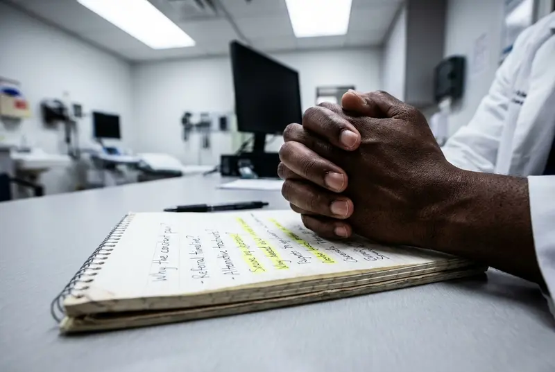 Close-up of African American hands tightly holding a notebook full of questions in a doctor's office.