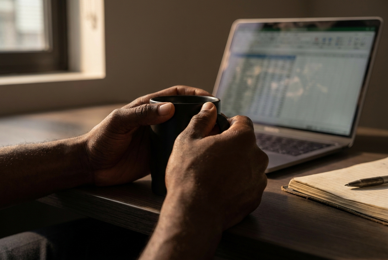 Close up of a person's tense hands gripping a black coffee mug next to a laptop.
