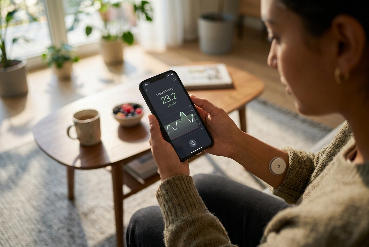 Hands holding a smartphone displaying a stable biometric health graph on a modern app interface.