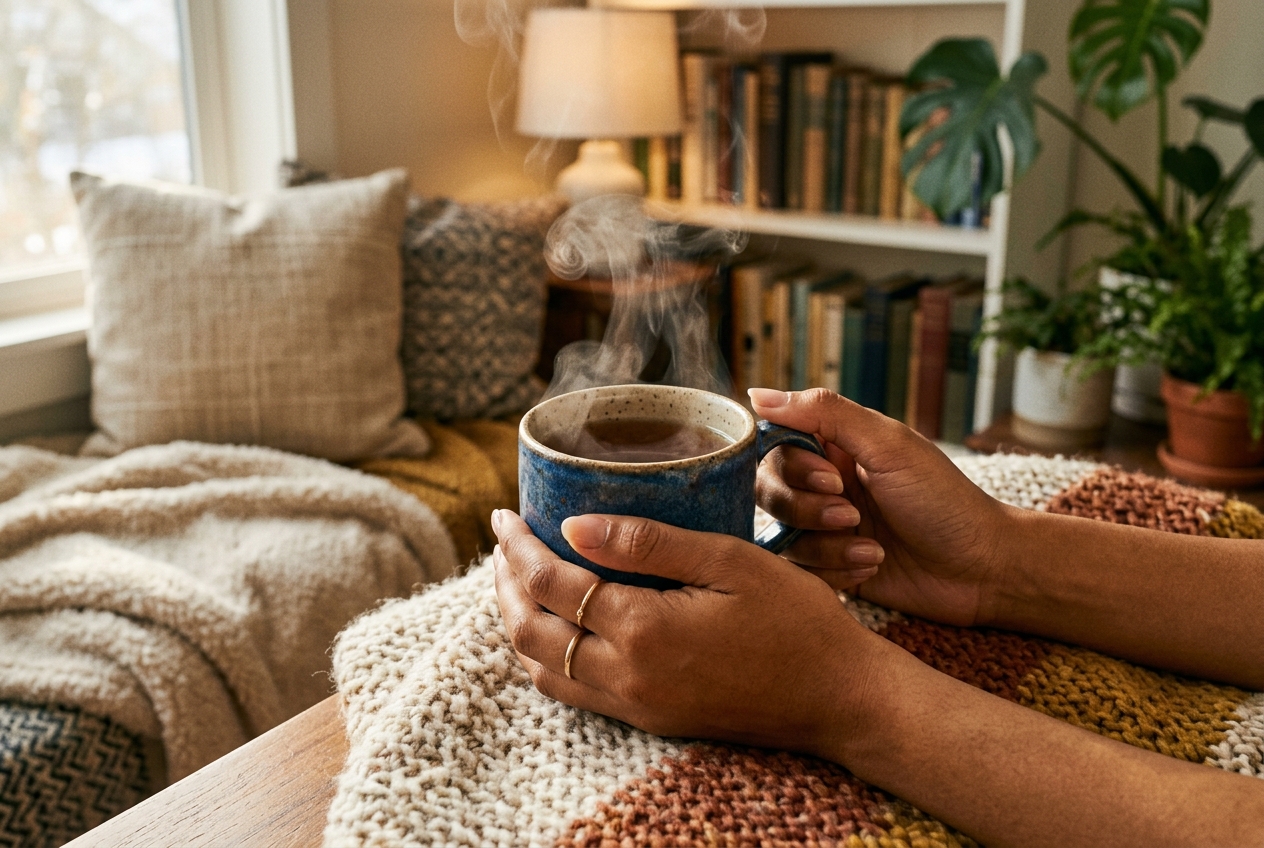 Level Off vs. Glucose Goddess Anti-Spike: Which Supplement Stops Cravings? Two hands gently holding a steaming ceramic mug of hot tea.