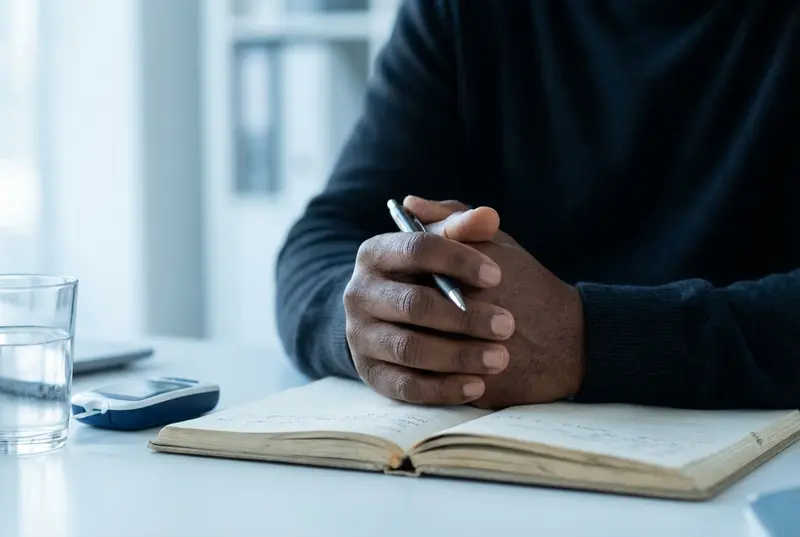 Close up of Black man's hands holding a medical notebook tightly