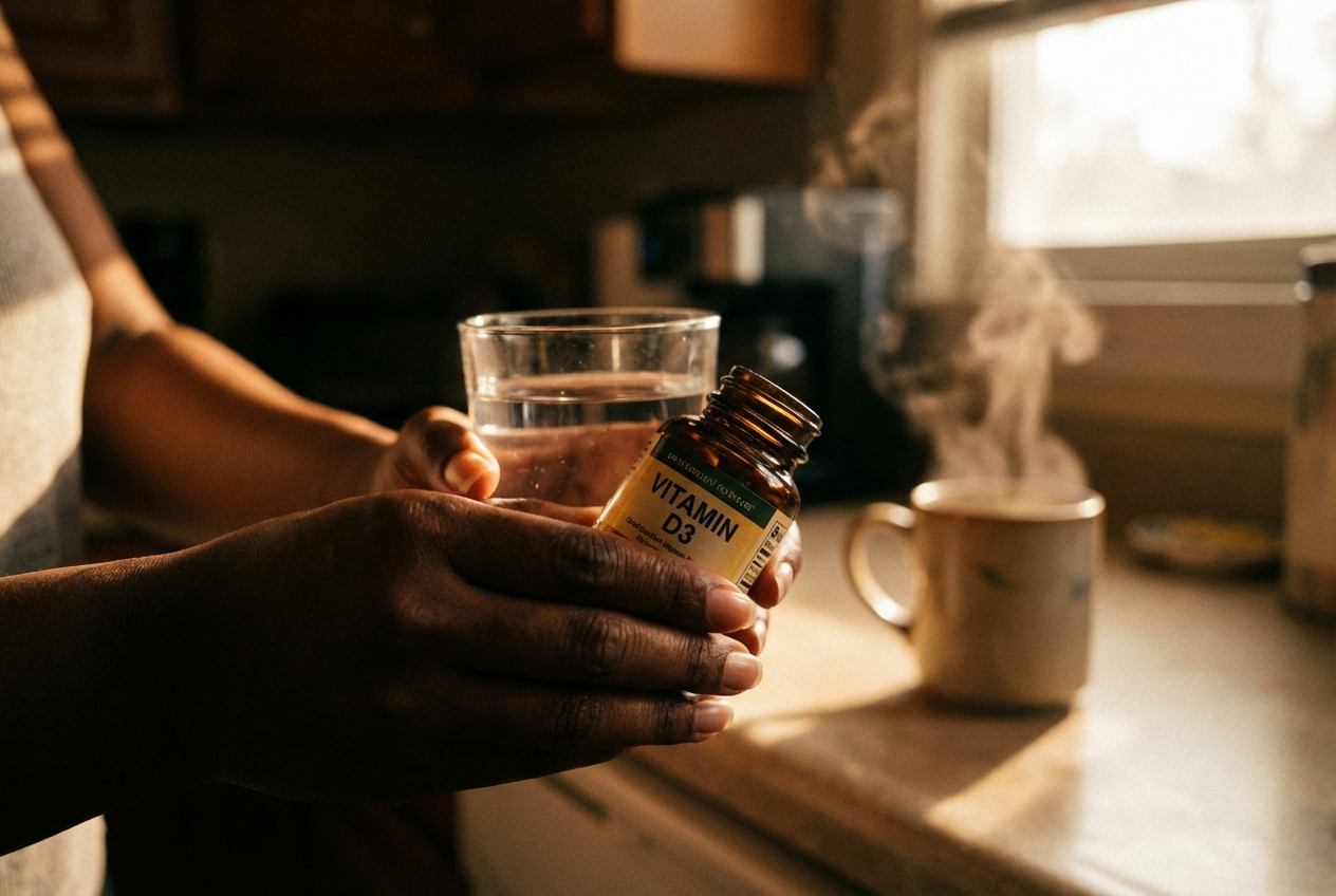 Close-up of hands with deep umber skin holding a glass of water and an amber supplement bottle.