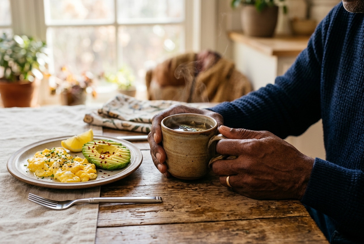 Loquat Leaf vs. Berberine and Mulberry: Does It Really Balance Blood Sugar? Close-up of an African American man's hands holding a mug of tea next to a healthy breakfast.