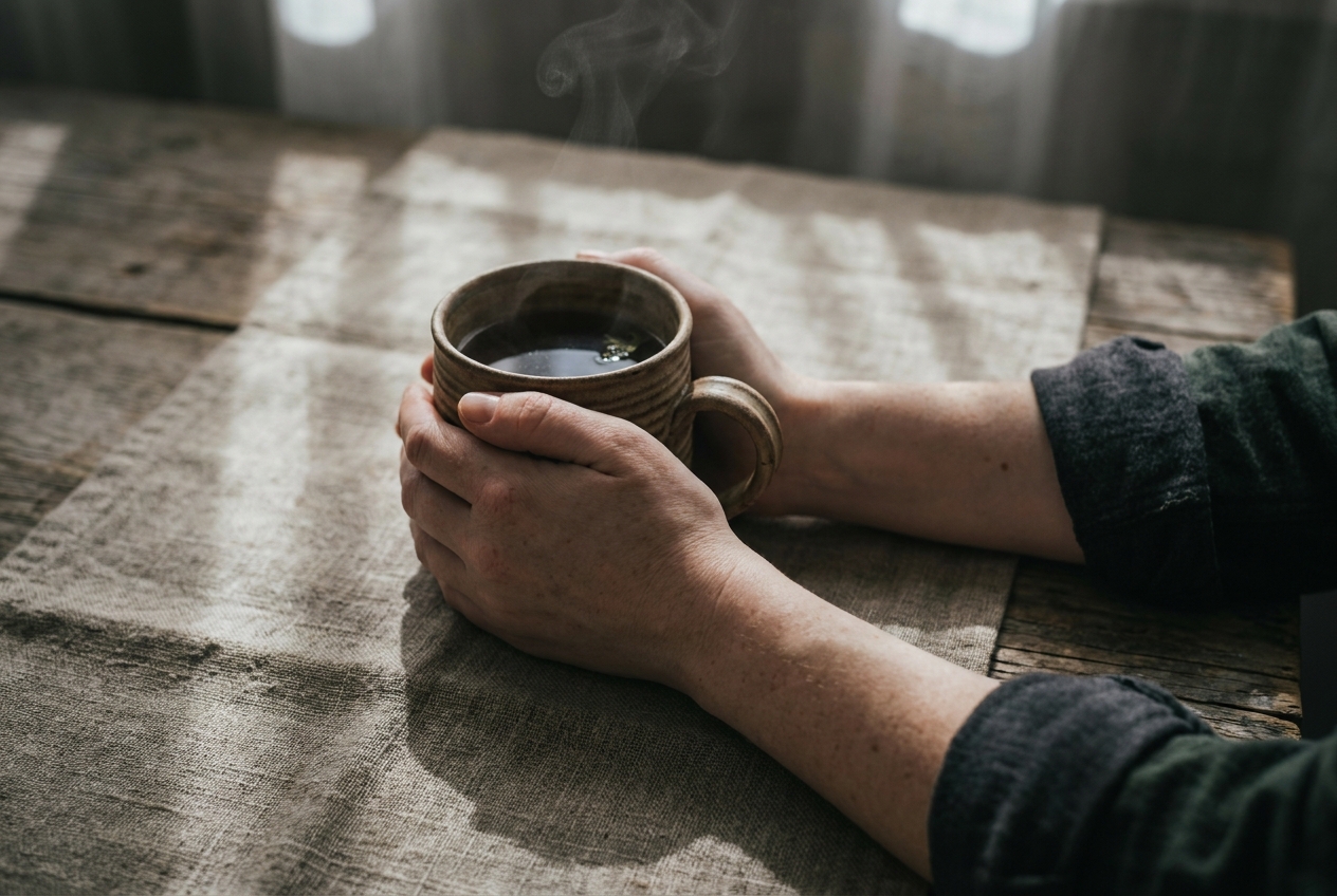 Close-up of hands gripping a steaming mug of herbal tea.