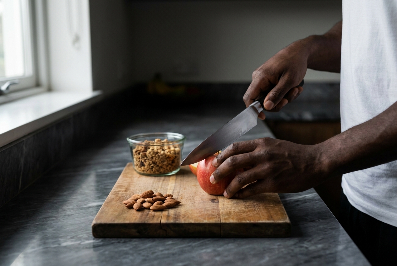Hands slicing a crisp red apple next to a pile of raw almonds on a wooden cutting board.