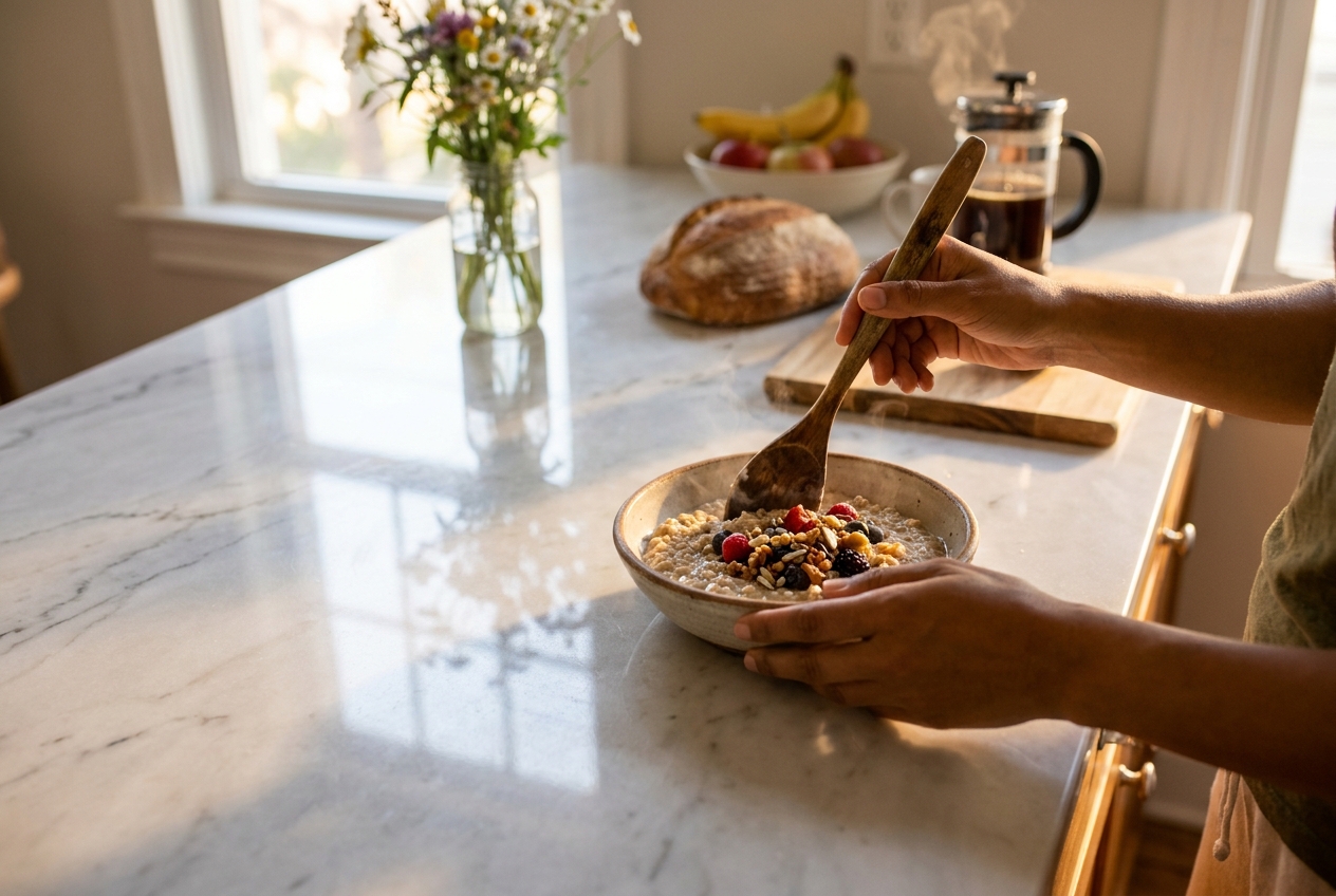 Hands stirring a steaming bowl of steel-cut oatmeal on a marble kitchen counter.