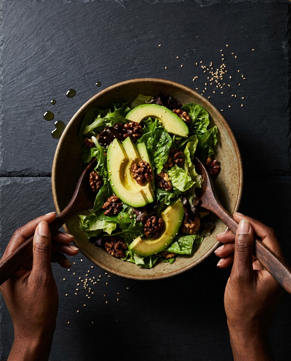 Are My CGM Readings Normal? How to Interpret Post-Meal Glucose Spikes Overhead view of hands tossing a fresh avocado and green salad in a ceramic bowl.