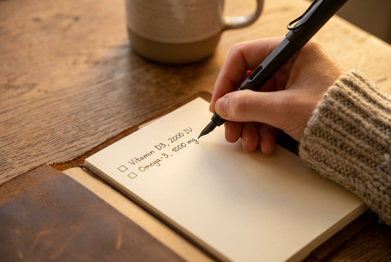 Close-up of hands writing in a daily wellness journal on a wooden desk.