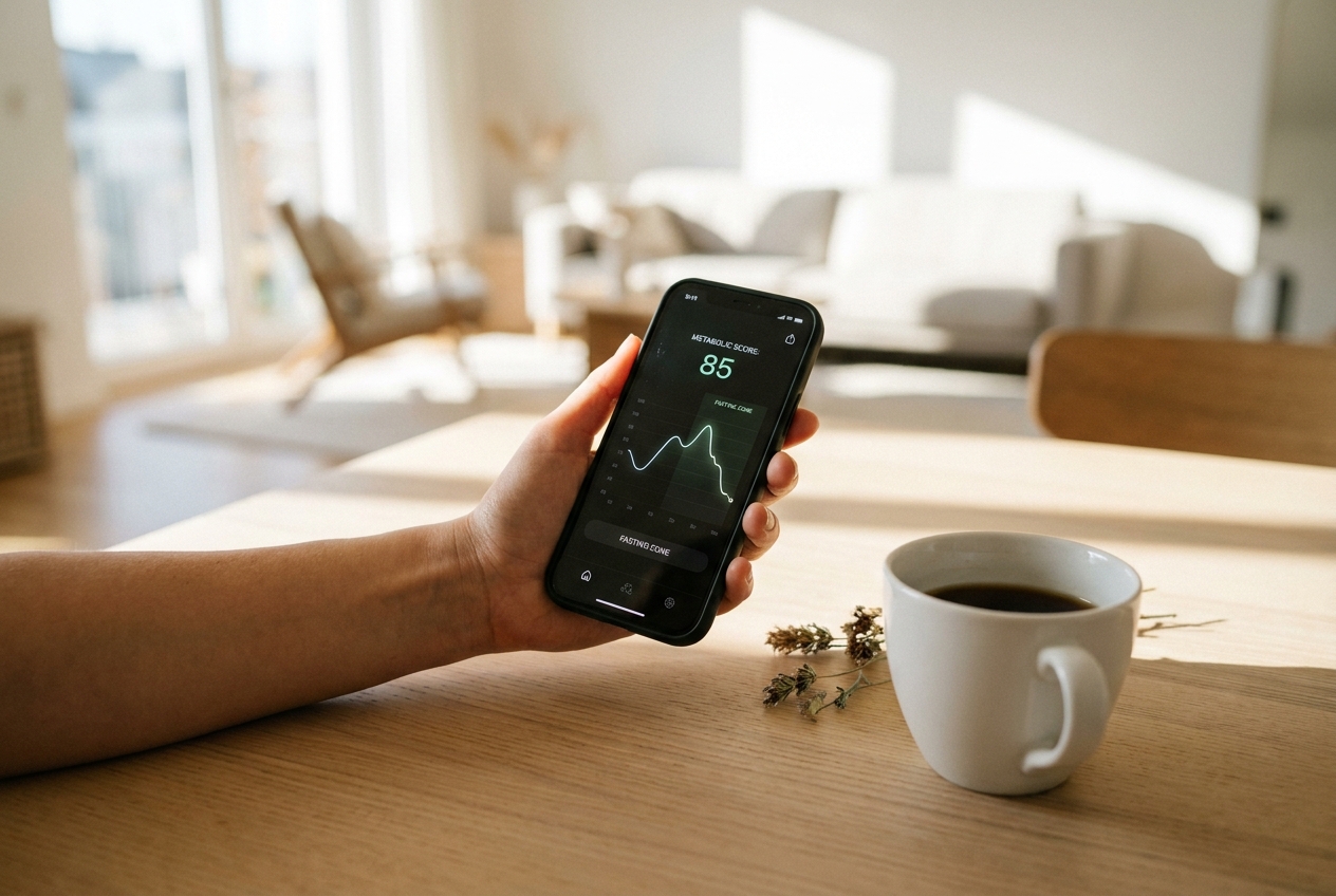 Close up of a hand holding a smartphone showing a health tracking graph.