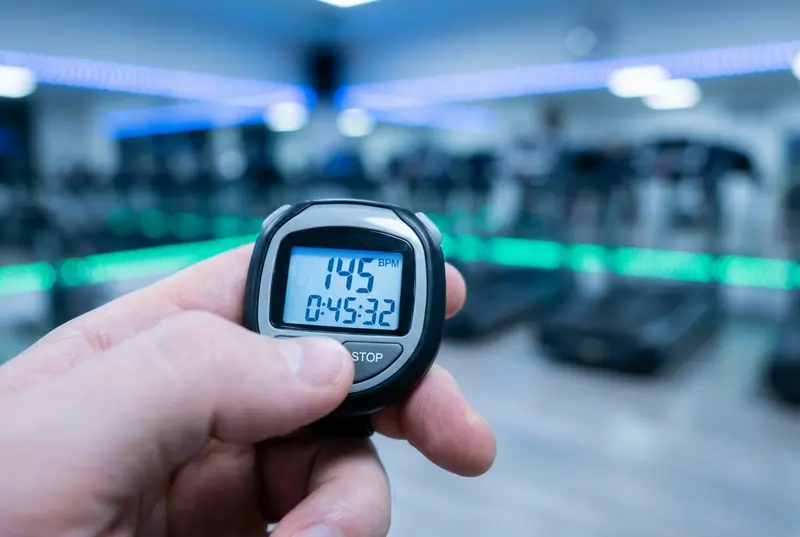 Close up of a hand holding a heart rate monitor, checking the numbers carefully.