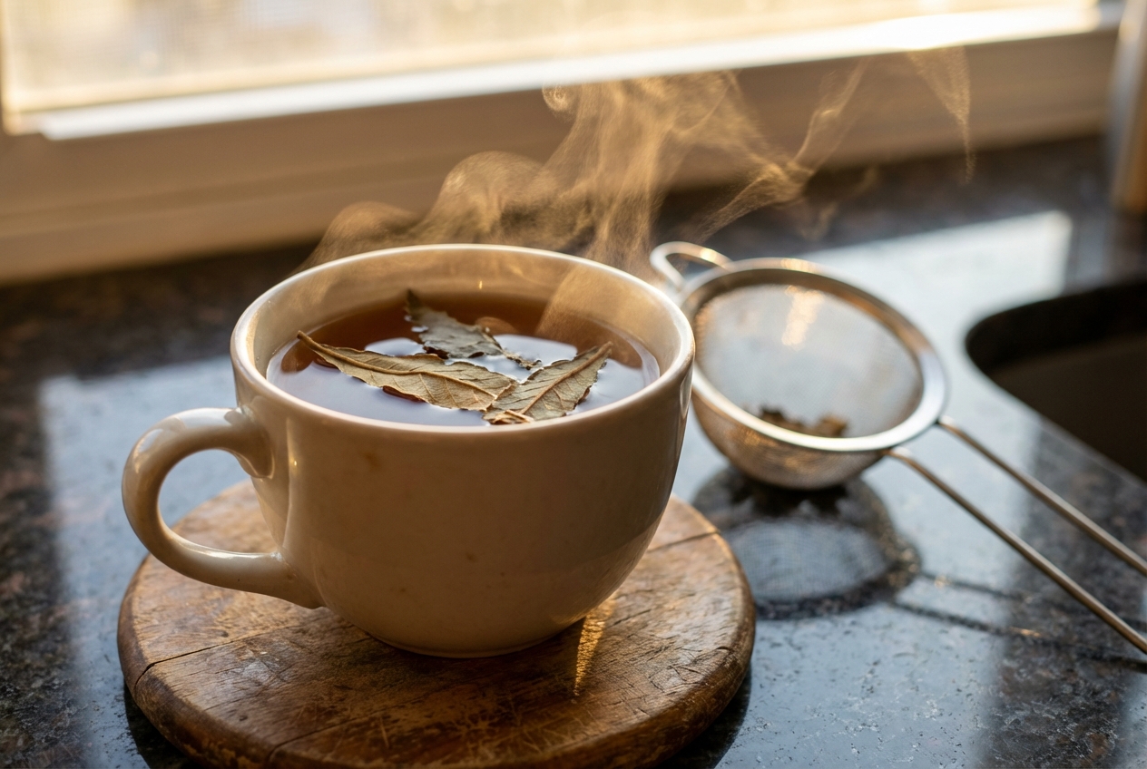 Relieving Constant Bloat: How Glucose Regulation and Stable Energy Support Your Gut Steaming mug of herbal tea with loose botanical leaves on a granite counter