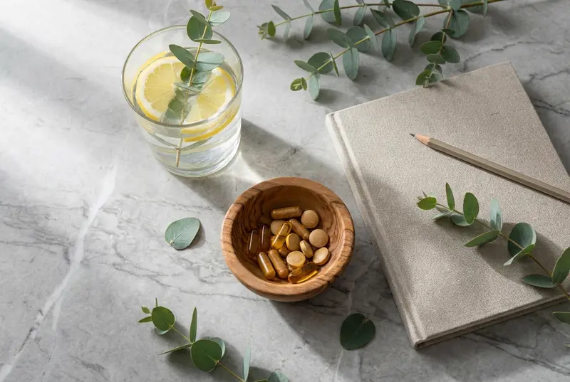A clean flat lay of water, lemon, and vitamins on a table.