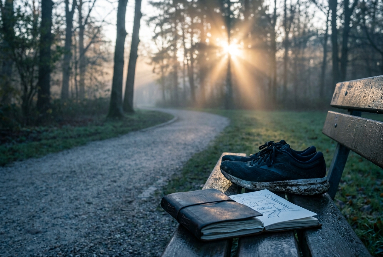 A leather journal and running shoes on a park bench during a misty morning.
