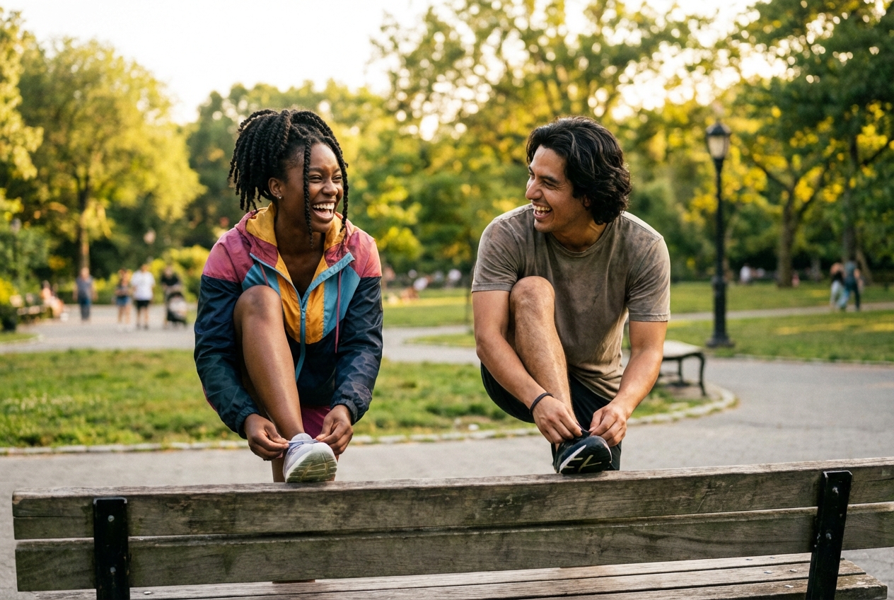 Two people laughing while getting ready for a run in a sunny park.