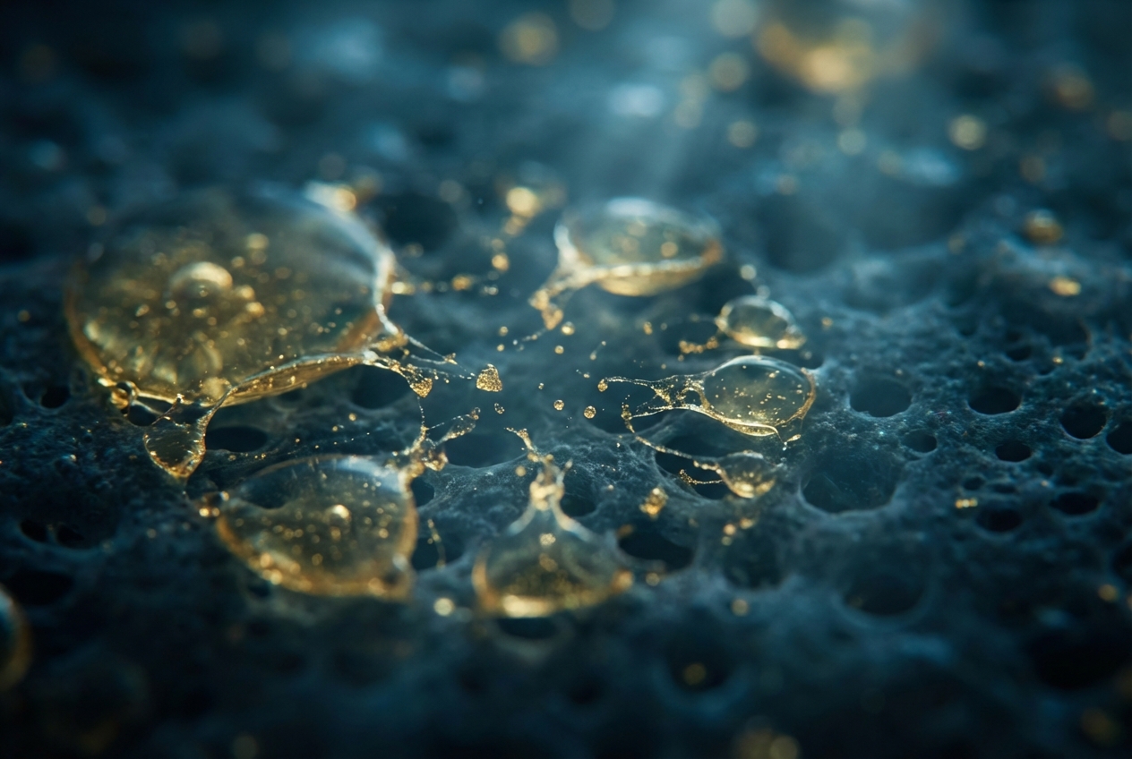 Macro photography of golden oil droplets breaking apart against a deep blue, textured background.