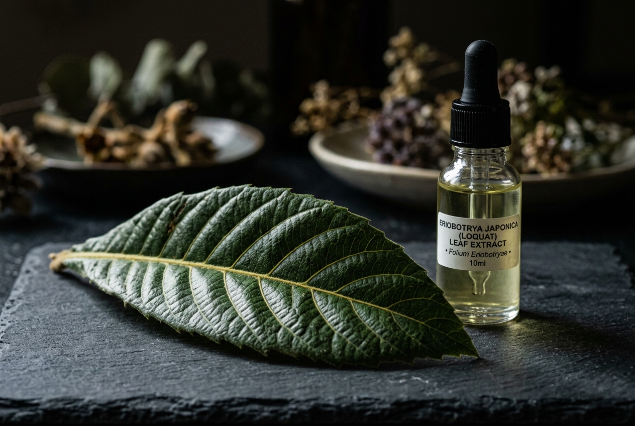 Loquat Leaf vs. Berberine and Mulberry: Does It Really Balance Blood Sugar? Macro photography of a textured green loquat leaf next to a glass dropper bottle on a slate surface.