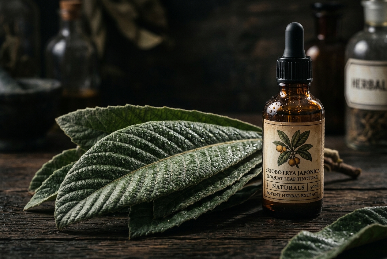 10 Ways to Naturally Lower Blood Sugar and Stop Glucose Spikes Macro shot of textured green loquat leaves next to an amber glass dropper bottle on a wooden table.
