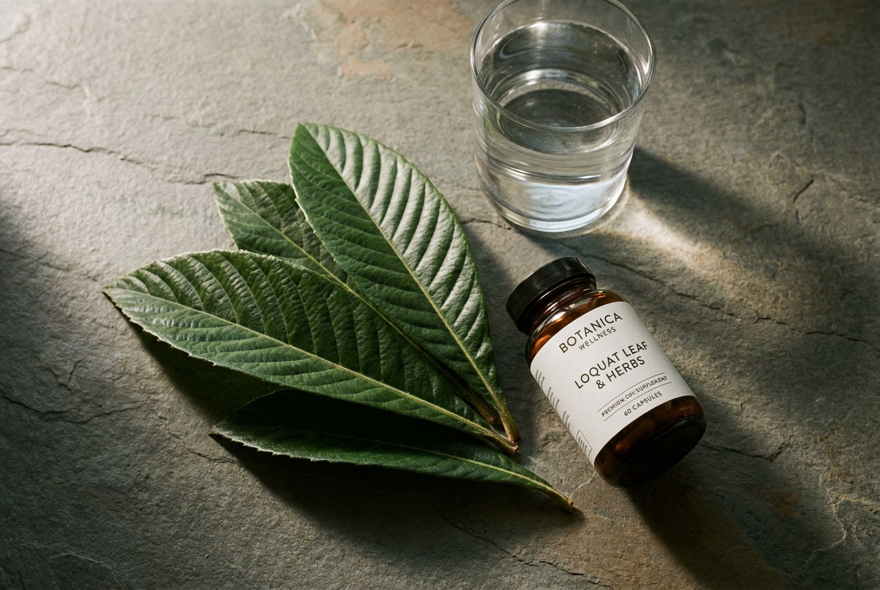 Why Blood Sugar Baseline Recovery Matters More Than Peak Spike Size Fresh loquat leaves placed next to a glass of water and an amber glass wellness supplement bottle.