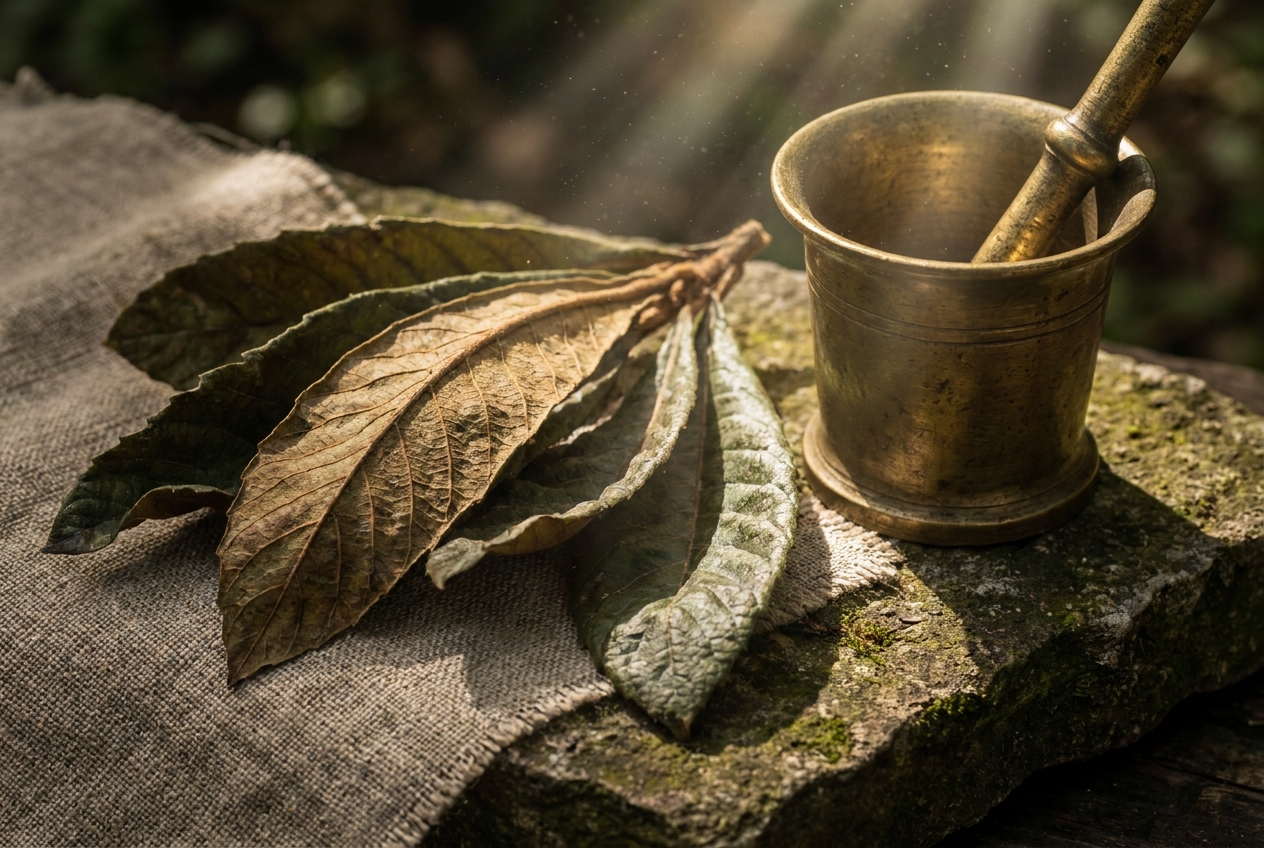 Macro view of dried loquat leaves and a brass mortar and pestle on a linen cloth.