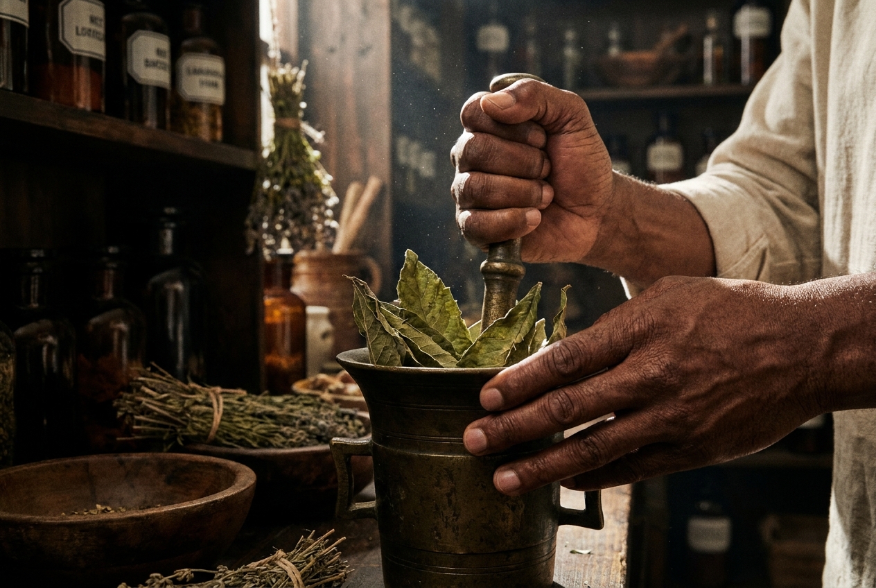 Hands crushing dried green loquat leaves in a brass mortar
