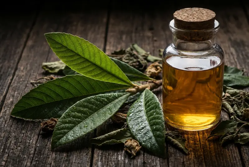Close up detail of fresh loquat leaves next to a glass of herbal tea.
